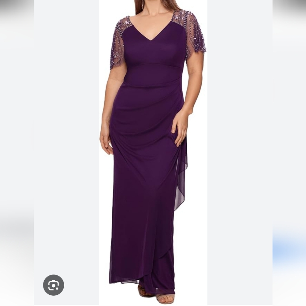 Xscape Purple Beaded Sleeve Evening Dress